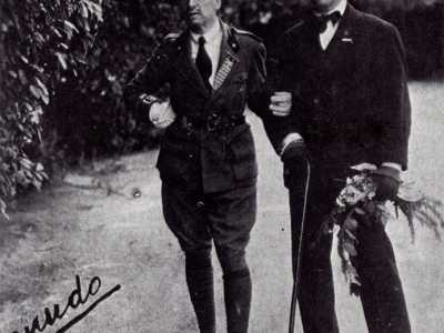 La richiesta venne concessa grazie all�intervento del suo amico Gabriele D�Annunzio, del quale Canudo traduceva le opere in francese. Un�immagine lo ritrae proprio con il Vate, nel 1920